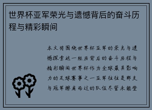 世界杯亚军荣光与遗憾背后的奋斗历程与精彩瞬间