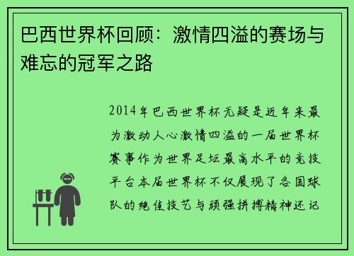 巴西世界杯回顾：激情四溢的赛场与难忘的冠军之路